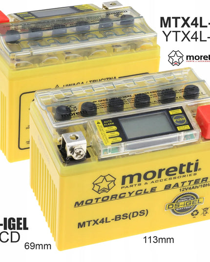 Gelinis LCD akumuliatorius MTX4L-BS YTX4L-BS 4Ah MORETTI + 12V įkroviklis