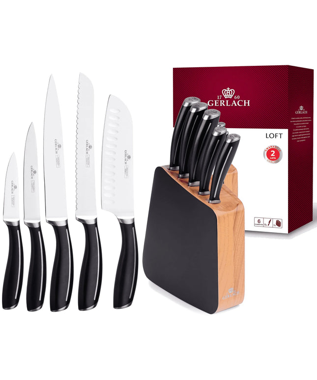 Gerlach Loft 981 peilių rinkinys su buko medienos stovu, 5 vnt., X50CrMoV15 plienas