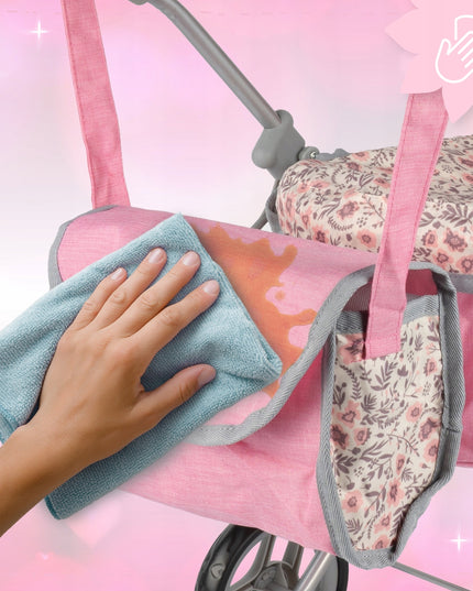 Gilus lėlių vežimėlis MalPlay Pink Flowers, sulankstomas su krepšiu ir reguliuojamu stogeliu