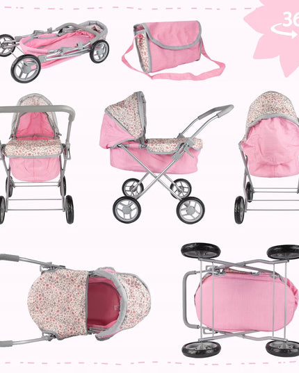Gilus lėlių vežimėlis MalPlay Pink Flowers, sulankstomas su krepšiu ir reguliuojamu stogeliu