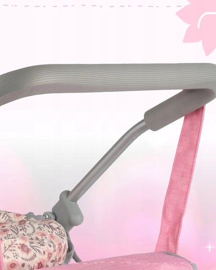 Gilus lėlių vežimėlis MalPlay Pink Flowers, sulankstomas su krepšiu ir reguliuojamu stogeliu