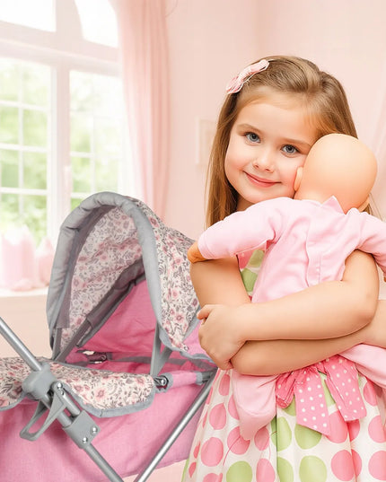 Gilus lėlių vežimėlis MalPlay Pink Flowers, sulankstomas su krepšiu ir reguliuojamu stogeliu