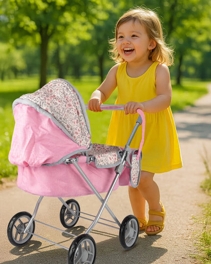 Gilus lėlių vežimėlis MalPlay Pink Flowers, sulankstomas su krepšiu ir reguliuojamu stogeliu