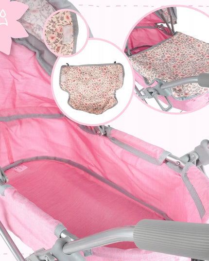 Gilus lėlių vežimėlis MalPlay Pink Flowers, sulankstomas su krepšiu ir reguliuojamu stogeliu