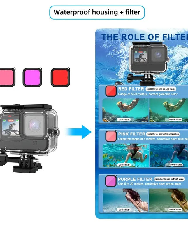Vandeniui atsparus dėklas, korpusas suderinamas su GoPro Hero 12/11/10/9 su spalvotais filtrais – nardymui iki 60 m