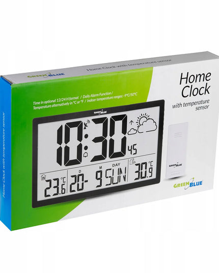 GreenBlue meteorologinė stotelė su dideliu LCD sieniniu laikrodžiu ir išoriniu jutikliu