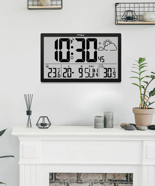 GreenBlue meteorologinė stotelė su dideliu LCD sieniniu laikrodžiu ir išoriniu jutikliu