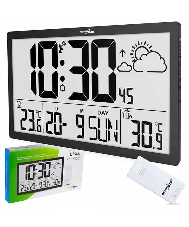 GreenBlue meteorologinė stotelė su dideliu LCD sieniniu laikrodžiu ir išoriniu jutikliu