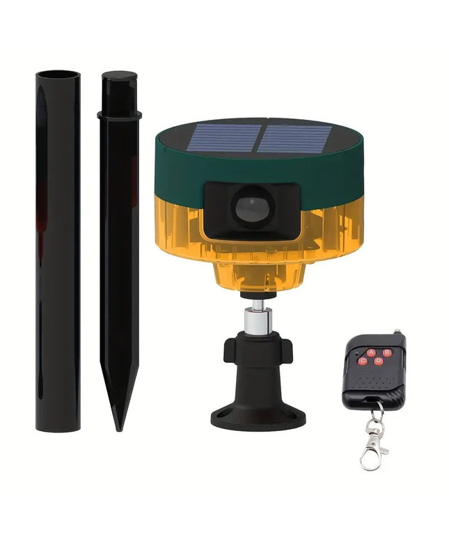 Gyvūnų atbaidymo prietaisas 360 laipsnių su saulės energija, 13 garsinių efektų, įrašymo funkcija ir nuotolinio valdymo pultu laukinių gyvūnų, paukščių ir graužikų atbaidymui