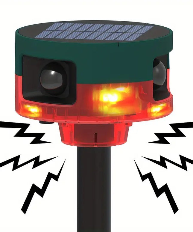 Gyvūnų atbaidymo prietaisas 360 laipsnių su saulės energija, 13 garsinių efektų, įrašymo funkcija ir nuotolinio valdymo pultu laukinių gyvūnų, paukščių ir graužikų atbaidymui