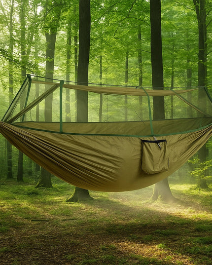 Dvigubas hamakas su uodų tinkleliu 255x140 cm – sodo, stovyklavimo ir išgyvenimo hamakas