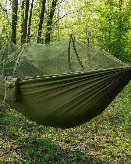 Dvigubas hamakas su uodų tinkleliu 255x140 cm – sodo, stovyklavimo ir išgyvenimo hamakas