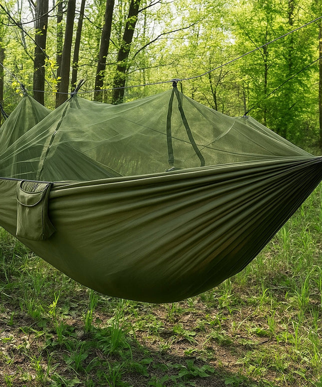 Dvigubas hamakas su uodų tinkleliu 255x140 cm – sodo, stovyklavimo ir išgyvenimo hamakas