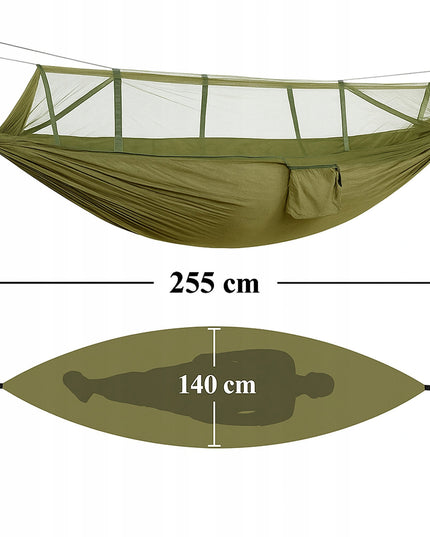 Dvigubas hamakas su uodų tinkleliu 255x140 cm – sodo, stovyklavimo ir išgyvenimo hamakas