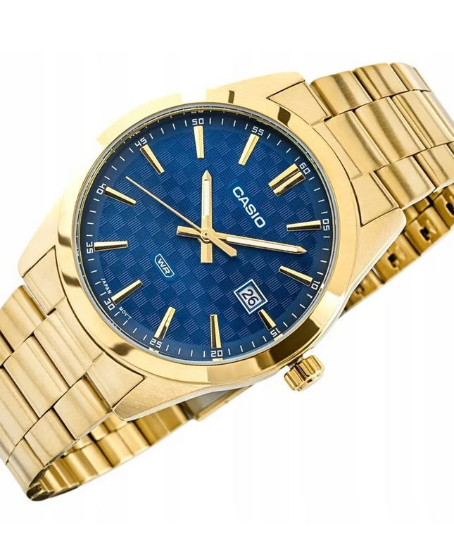 Vyriškas laikrodis CASIO MTP-VD03G-2AUDF – mėlynas ciferblatas su tekstūra, auksinė apyrankė, data, WR, originali dėžutė