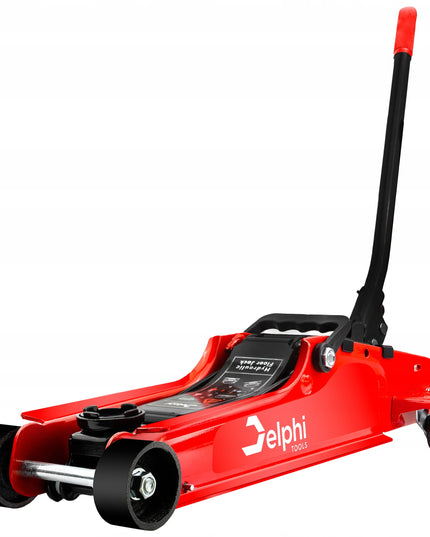 Žemo profilio hidraulinis keltuvas „Žaba“ Delphi Tools 2,5T su guminiais antgaliais, lagaminu ir ratukais manevringam naudojimui