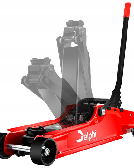 Žemo profilio hidraulinis keltuvas „Žaba“ Delphi Tools 2,5T su guminiais antgaliais, lagaminu ir ratukais manevringam naudojimui