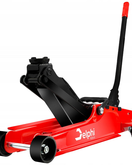 Žemo profilio hidraulinis keltuvas „Žaba“ Delphi Tools 2,5T su guminiais antgaliais, lagaminu ir ratukais manevringam naudojimui