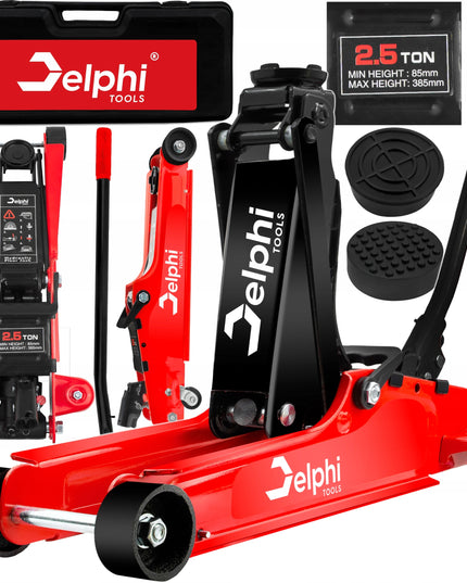 Žemo profilio hidraulinis keltuvas „Žaba“ Delphi Tools 2,5T su guminiais antgaliais, lagaminu ir ratukais manevringam naudojimui