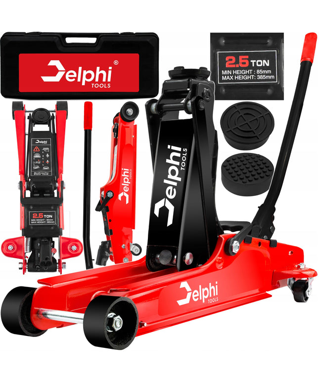 Žemo profilio hidraulinis keltuvas „Žaba“ Delphi Tools 2,5T su guminiais antgaliais, lagaminu ir ratukais manevringam naudojimui