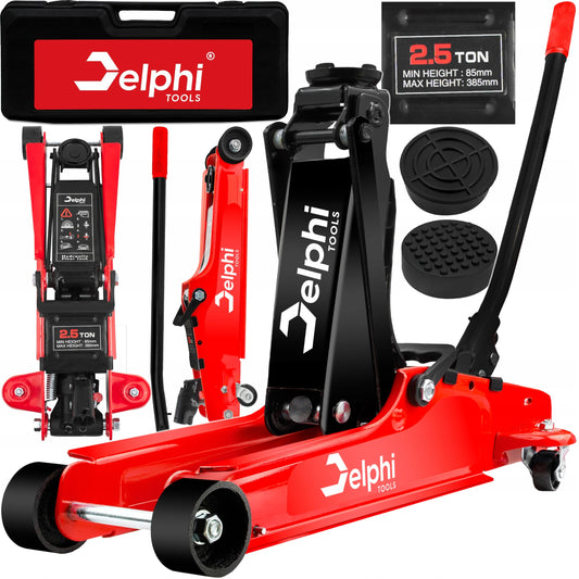 Žemo profilio hidraulinis keltuvas „Žaba“ Delphi Tools 2,5T su guminiais antgaliais, lagaminu ir ratukais manevringam naudojimui