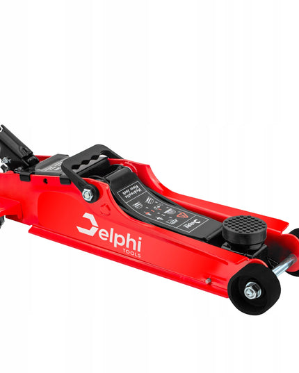 Žemo profilio hidraulinis keltuvas „Žaba“ Delphi Tools 2,5T su guminiais antgaliais, lagaminu ir ratukais manevringam naudojimui