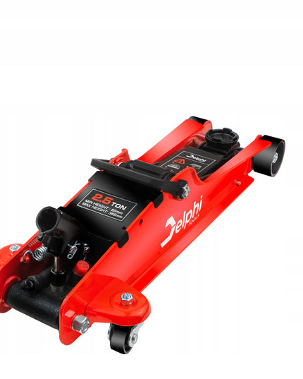 Žemo profilio hidraulinis keltuvas „Žaba“ Delphi Tools 2,5T su guminiais antgaliais, lagaminu ir ratukais manevringam naudojimui