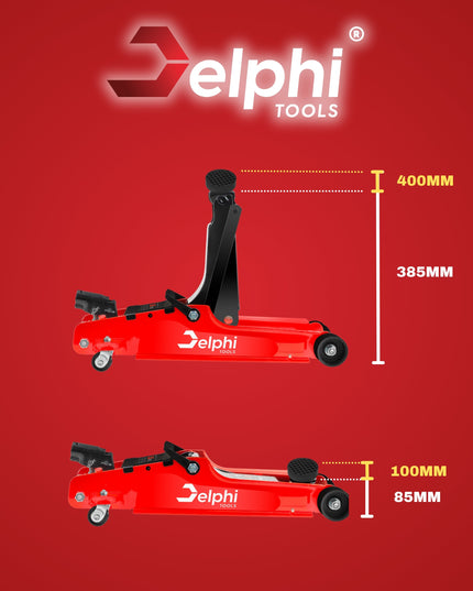 Žemo profilio hidraulinis keltuvas „Žaba“ Delphi Tools 2,5T su guminiais antgaliais, lagaminu ir ratukais manevringam naudojimui