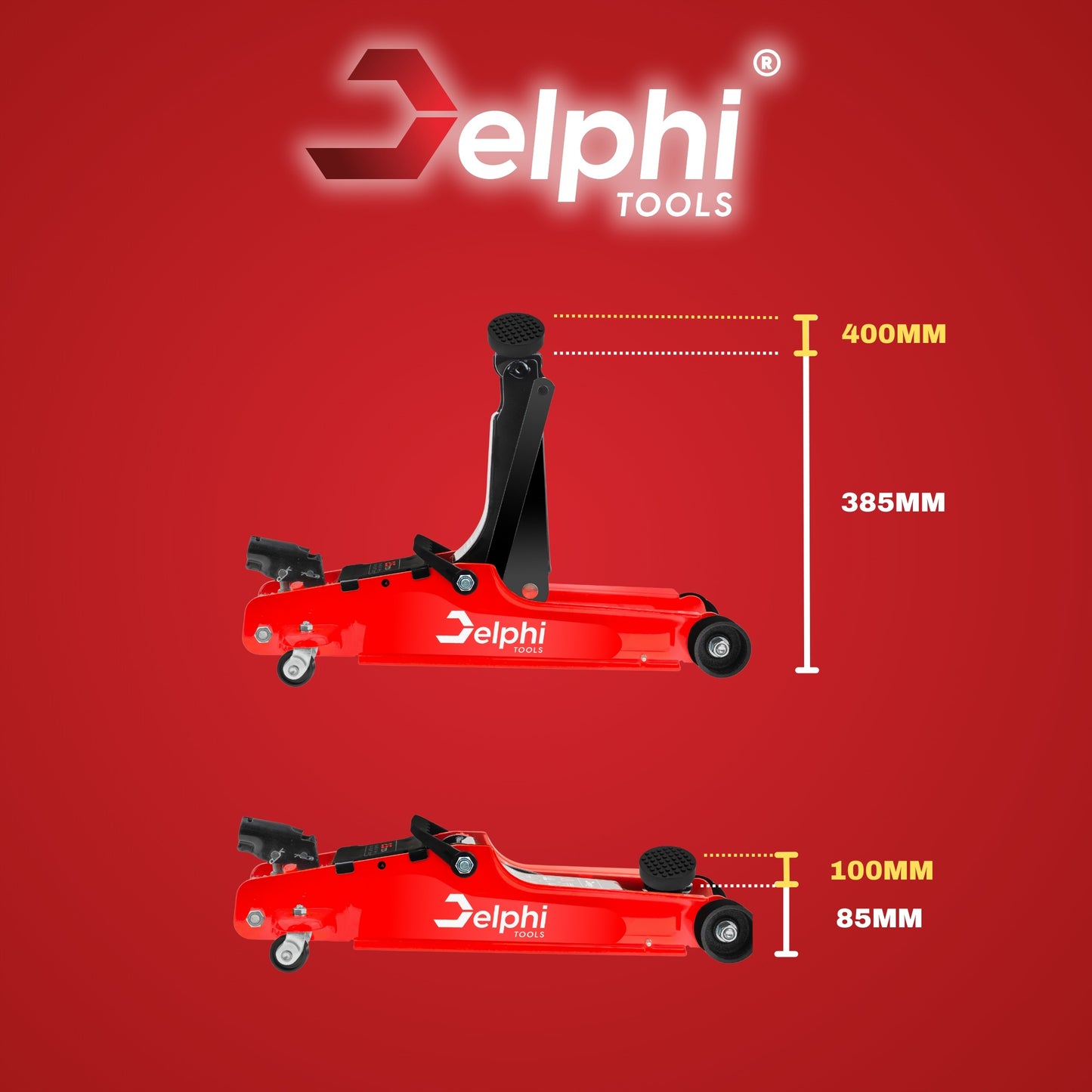 Žemo profilio hidraulinis keltuvas „Žaba“ Delphi Tools 2,5T su guminiais antgaliais, lagaminu ir ratukais manevringam naudojimui