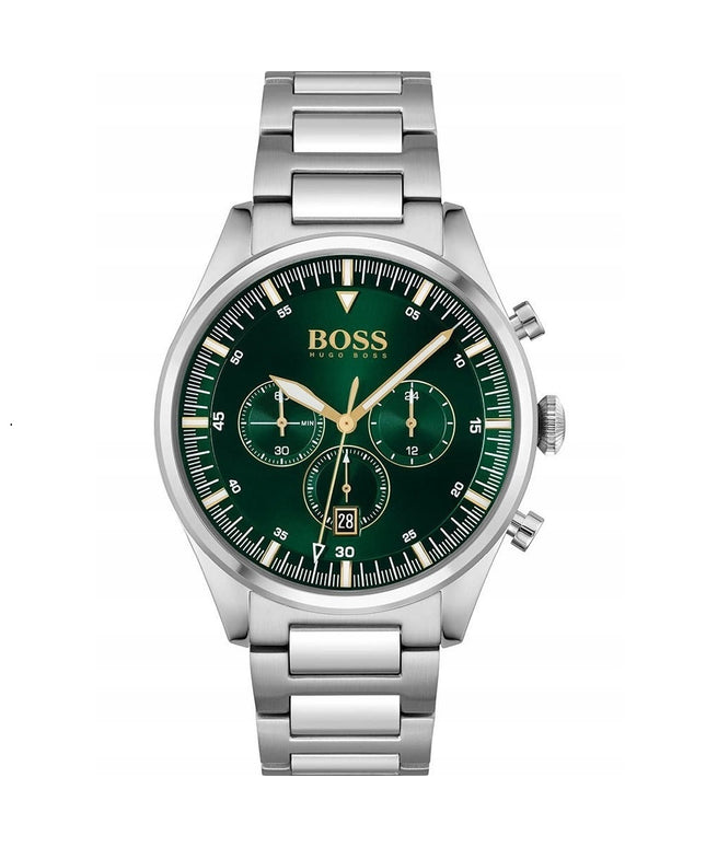 Vyriškas laikrodis HUGO BOSS 1513868 PIONEER – žalias ciferblatas, chronografas, data, nerūdijančio plieno apyrankė, WR50