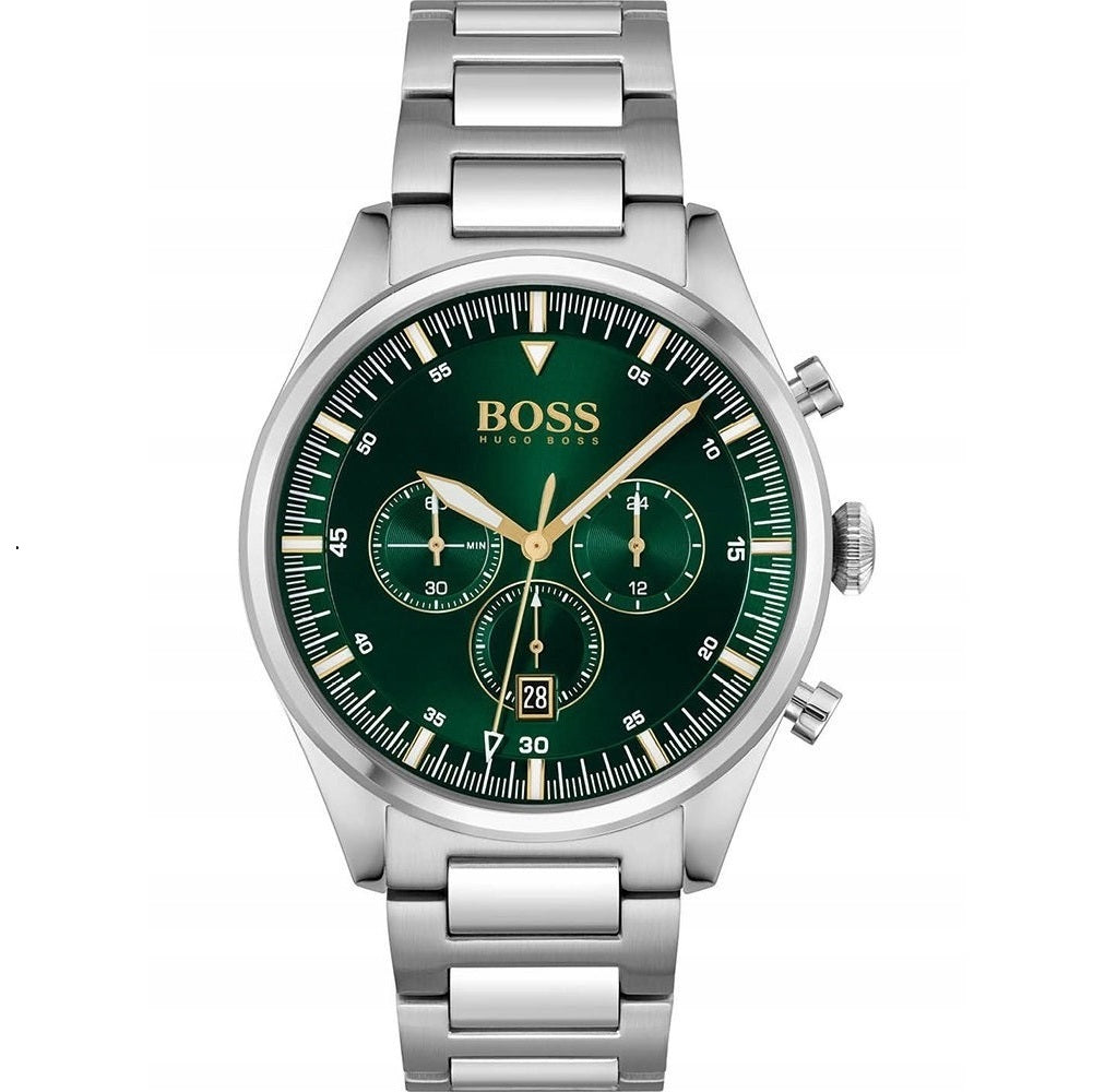 Vyriškas laikrodis HUGO BOSS 1513868 PIONEER – žalias ciferblatas, chronografas, data, nerūdijančio plieno apyrankė, WR50