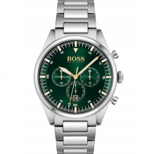 Vyriškas laikrodis HUGO BOSS 1513868 PIONEER – žalias ciferblatas, chronografas, data, nerūdijančio plieno apyrankė, WR50