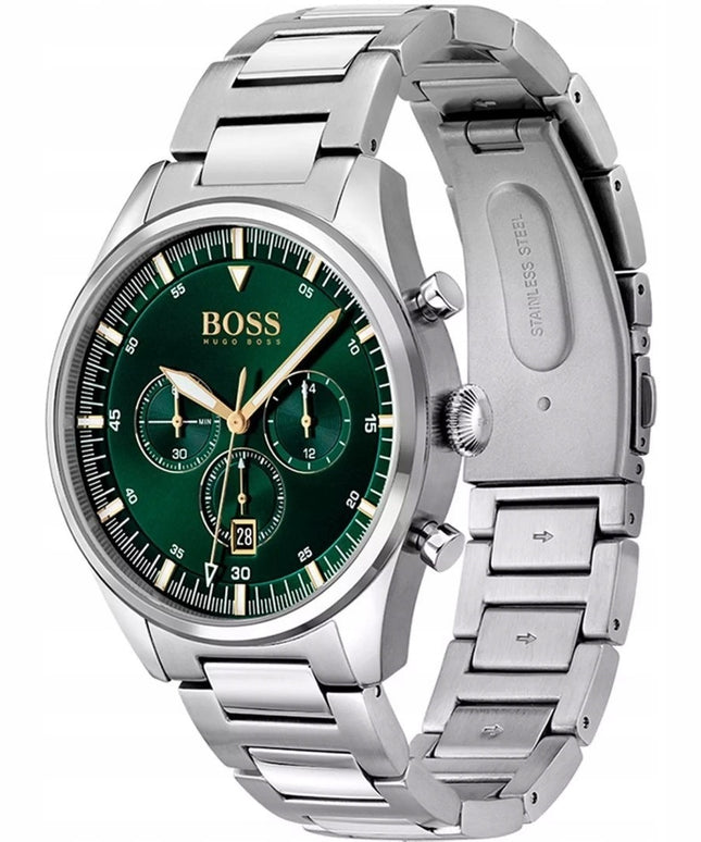 Vyriškas laikrodis HUGO BOSS 1513868 PIONEER – žalias ciferblatas, chronografas, data, nerūdijančio plieno apyrankė, WR50