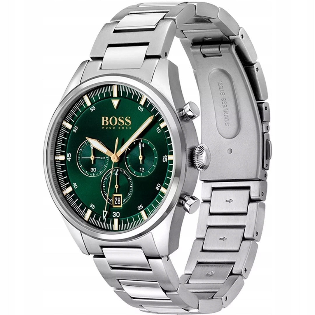 Vyriškas laikrodis HUGO BOSS 1513868 PIONEER – žalias ciferblatas, chronografas, data, nerūdijančio plieno apyrankė, WR50