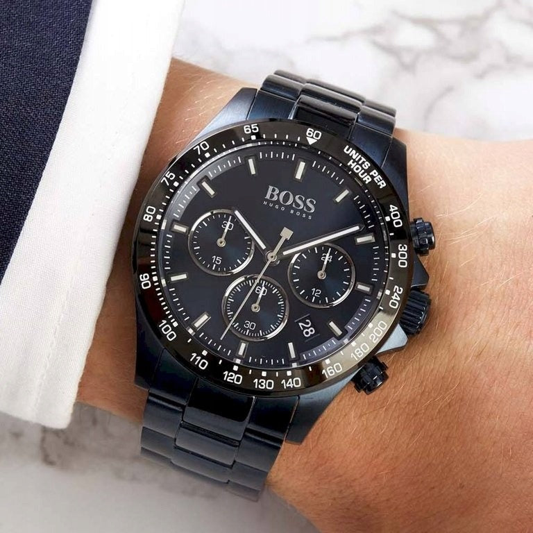 Vyriškas laikrodis Hugo Boss 1513758 HERO mėlynas su chronografu ir nerūdijančio plieno apyranke