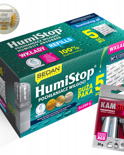 HUMISTOP papildomi drėgmės sugėriklio paketai, 5 vnt. + nukalkinimo priemonė DOVANŲ