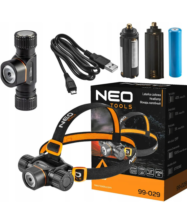 Įkraunamas LED galvos žibintuvėlis NEO su USB jungtimi 2000LM