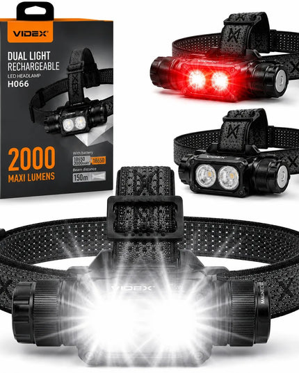 Įkraunamas LED priekinis žibintas Videx VLF-H066A, 2000 lm, 20W, atsparus vandeniui