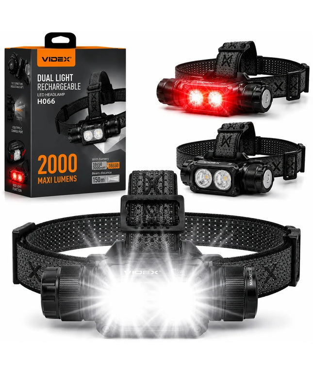 Įkraunamas LED priekinis žibintas Videx VLF-H066A, 2000 lm, 20W, atsparus vandeniui