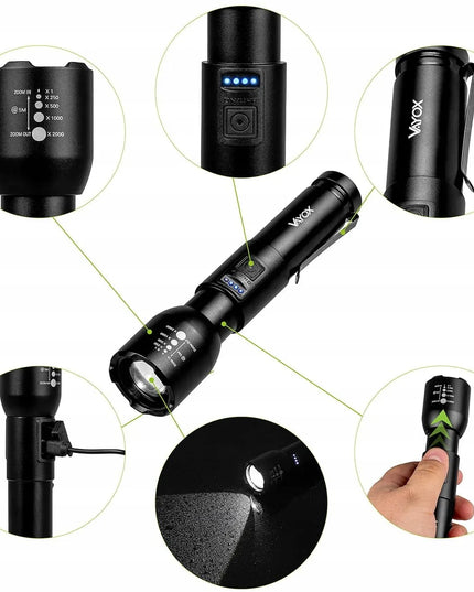 Įkraunamas taktinis aliuminis žibintuvėlis VAYOX VA0180 ZOOM 20W 800lm