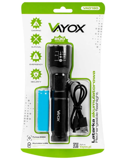 Įkraunamas taktinis aliuminis žibintuvėlis VAYOX VA0180 ZOOM 20W 800lm
