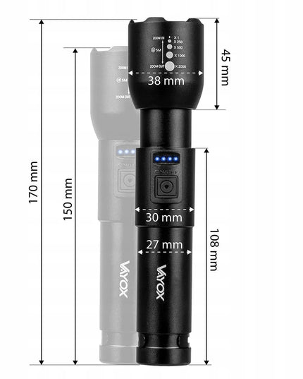 Įkraunamas taktinis aliuminis žibintuvėlis VAYOX VA0180 ZOOM 20W 800lm