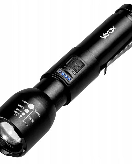 Įkraunamas taktinis aliuminis žibintuvėlis VAYOX VA0180 ZOOM 20W 800lm