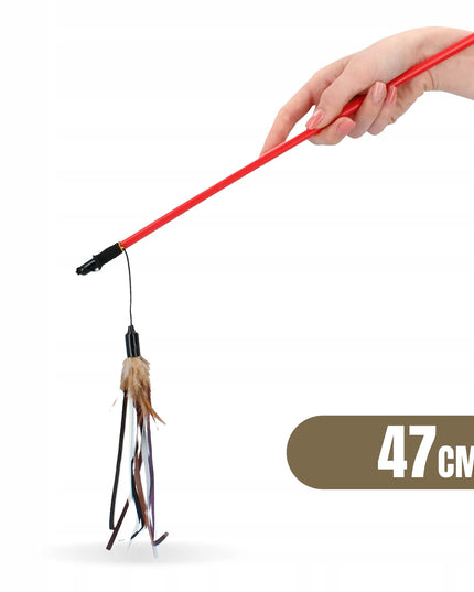 Ilgas teleskopinis meškerės kotas katei, žaislas su plunksnomis ir dirželiais, 130 cm