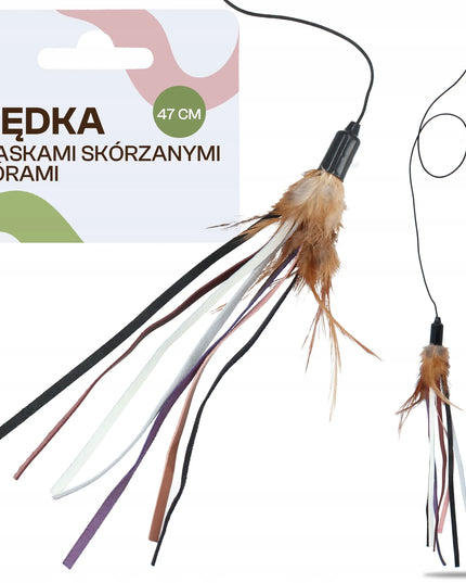 Ilgas teleskopinis meškerės kotas katei, žaislas su plunksnomis ir dirželiais, 130 cm