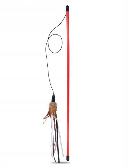 Ilgas teleskopinis meškerės kotas katei, žaislas su plunksnomis ir dirželiais, 130 cm
