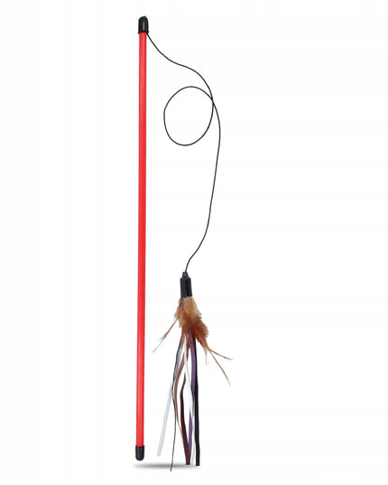 Ilgas teleskopinis meškerės kotas katei, žaislas su plunksnomis ir dirželiais, 130 cm