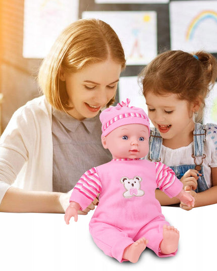 Interaktyvi lėlė kūdikis su šliaužtinukais, šneka ir juokiasi, 34 cm, minkšta, su kepuryte