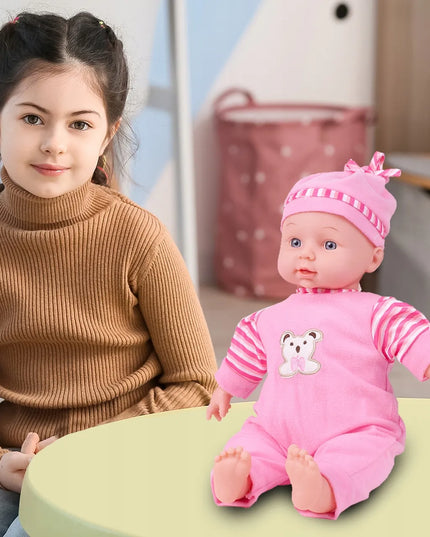 Interaktyvi lėlė kūdikis su šliaužtinukais, šneka ir juokiasi, 34 cm, minkšta, su kepuryte