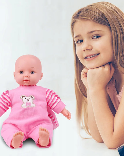 Interaktyvi lėlė kūdikis su šliaužtinukais, šneka ir juokiasi, 34 cm, minkšta, su kepuryte